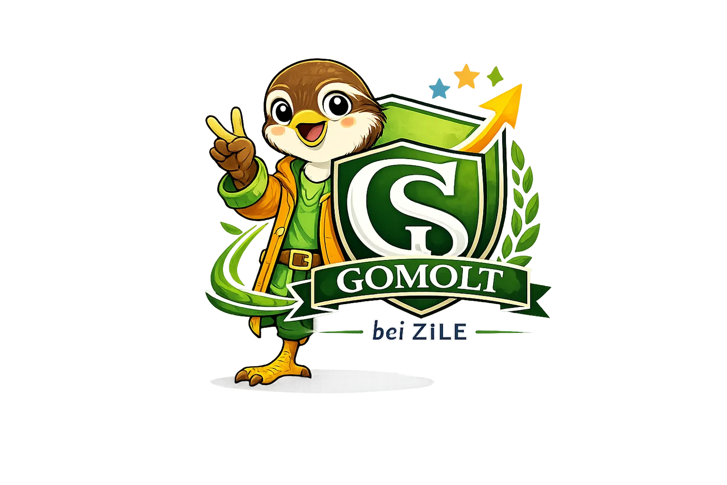 Spatzenlernen - Lerntherapie Prävention. Lernförderung – Das Bild zeigt eine Cartoon-Maskottchenfigur, wahrscheinlich für eine Marke oder Organisation, die neben einem Schildemblem steht, auf dem das Wort „GOMOLT“ steht.